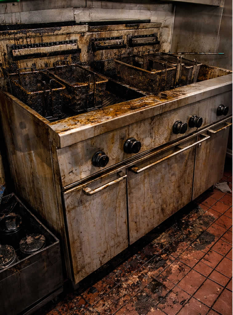 Before commercial restaurant kitchen fryer cleaning with heavy grease buildup in the Chicago area