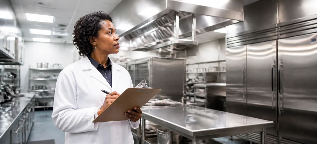 Restaurant health inspector reviewing a clean commercial kitchen
